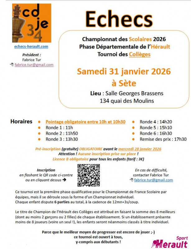 CHAMPIONNAT D'ÉCHECS DÉPARTEMENTAL SCOLAIRE DES COLLÈGES 2026